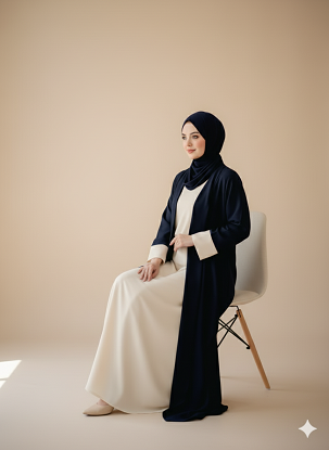 Classic Embroidered Abaya– Sitting View – Pakistan-made Nida Abaya – Jilbab.pk