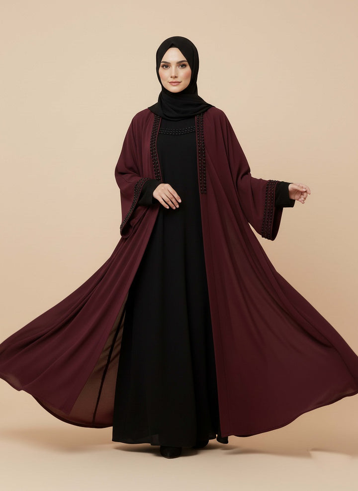 Noir Pearl Elegance Abaya – Ruby Maroon Color View – Pakistan-made Nida Abaya – Jilbab.pk
