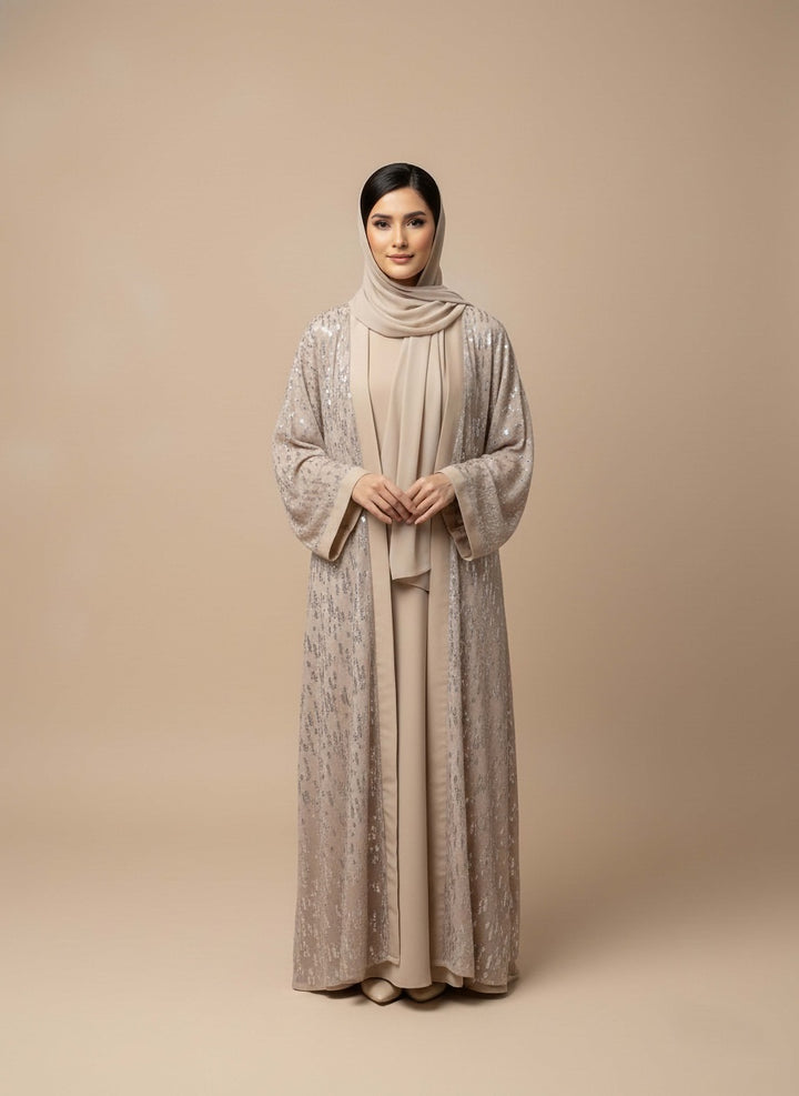 1. Sequin Gown Style Abaya – Front View in Shimmer Georgette Chiffon
Jilbab.pk