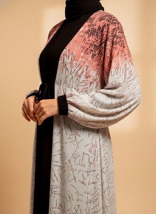 Long, patterned coat with a gradient from pink to white on a beige background Gradient Gown Styel Abaya – Jilbab.pk