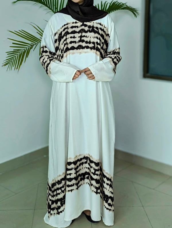 White Self Printed Abaya